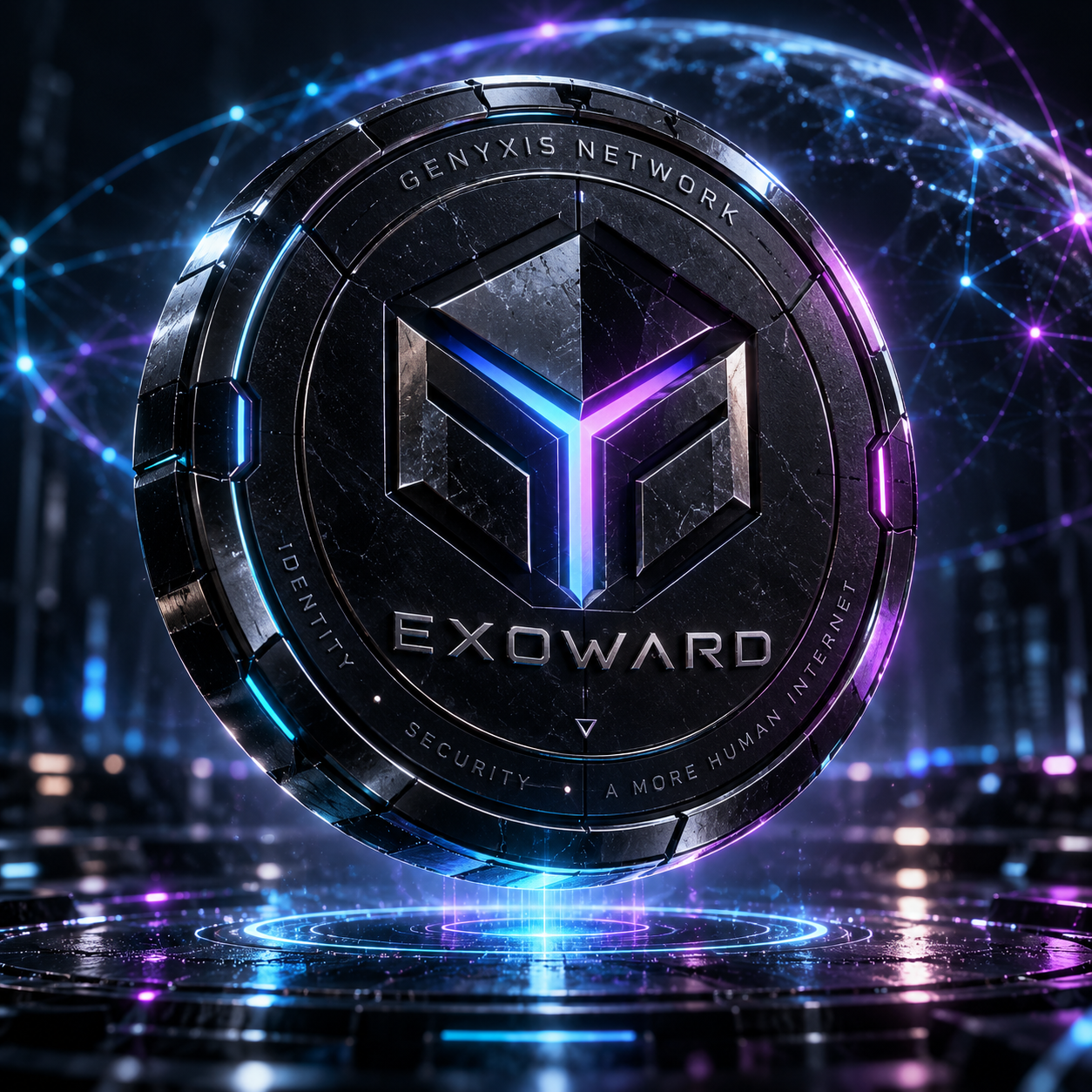 Genyxis ecosystem artwork with a metallic token and electric blue and violet light