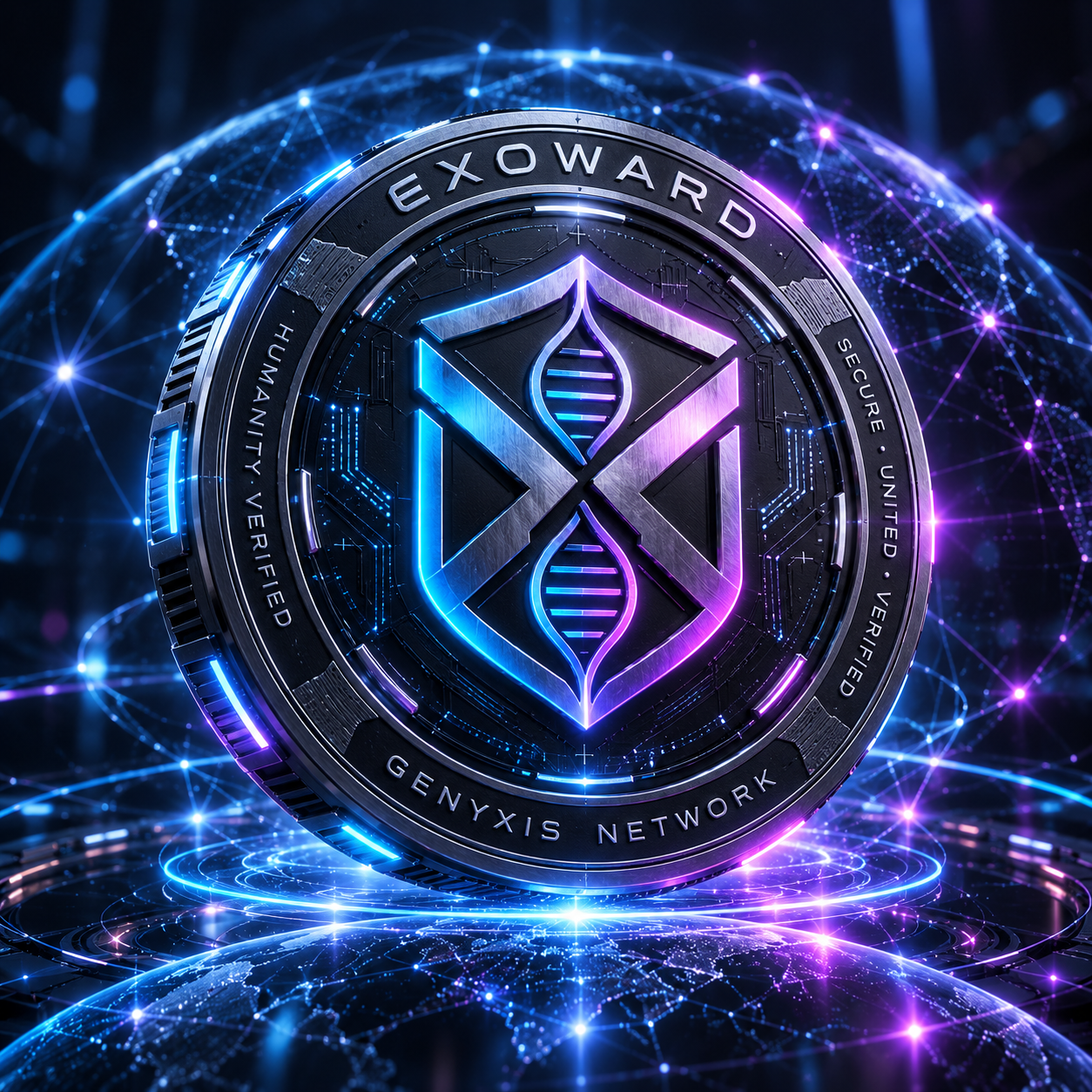 Genyxis ecosystem artwork with a metallic token and electric blue and violet light