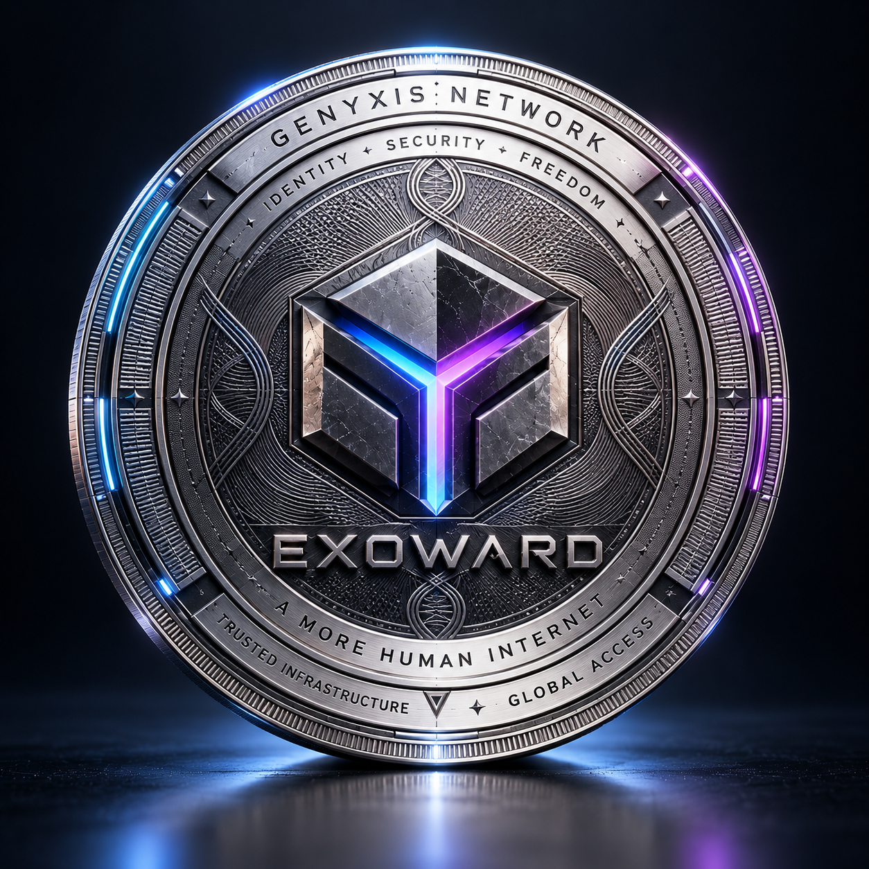 Genyxis ecosystem artwork with a metallic token and electric blue and violet light